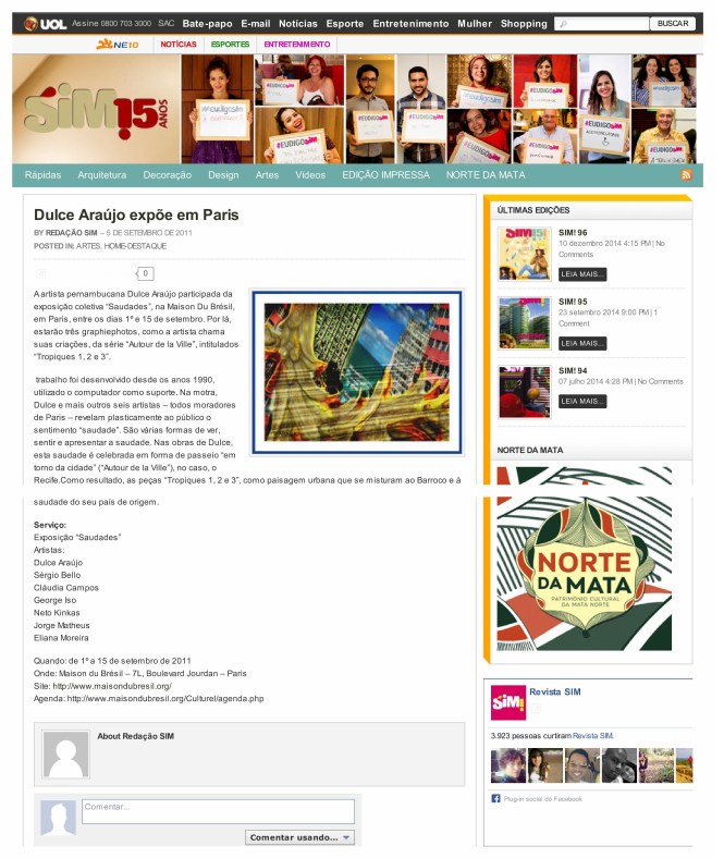 Revista Sim - Exposição Saudades - Dulce Araujo - 2011